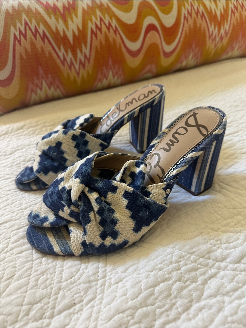 Sam Edelman Blue & White Knotted Block Heel Slides
